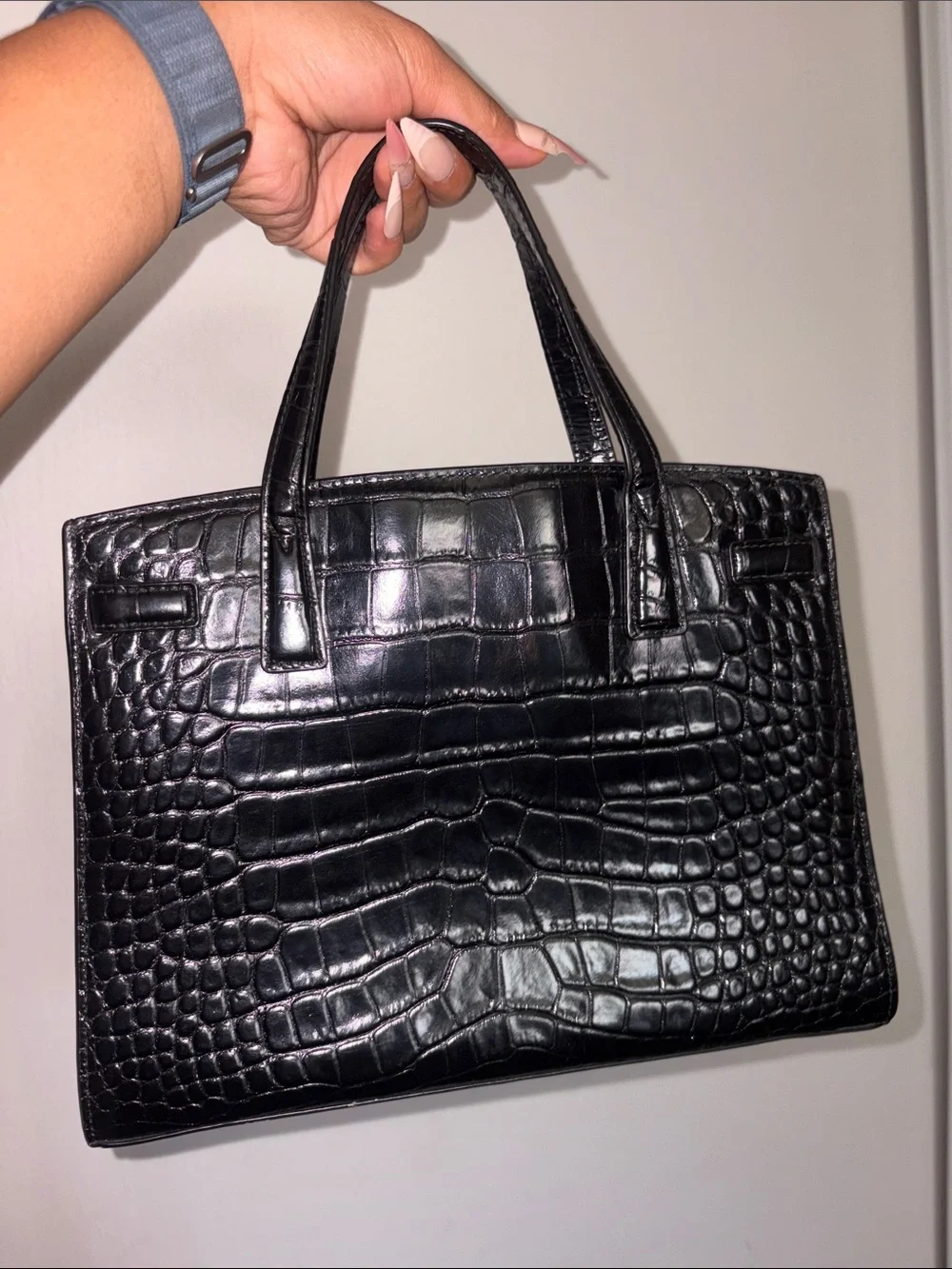 Tory Burch Black Croc-Embossed Satchel with Gold Logo
